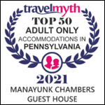 Award badge for Manayunk Chambers Guest House as one of Travelmyth's top 50 adult-only accommodations in Pennsylvania for 2021.
